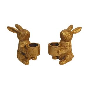 Easter Bunny Avon Gold Gilded Rabbit Taper Candle Holders SET OF 2 Cottagecore